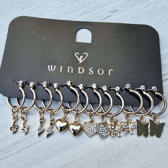 Windsor ✦ Gold Rhinestone Heart Huggies 6-Pack ✦ Interchangeable Charm Earrings - Picture 2 of 11